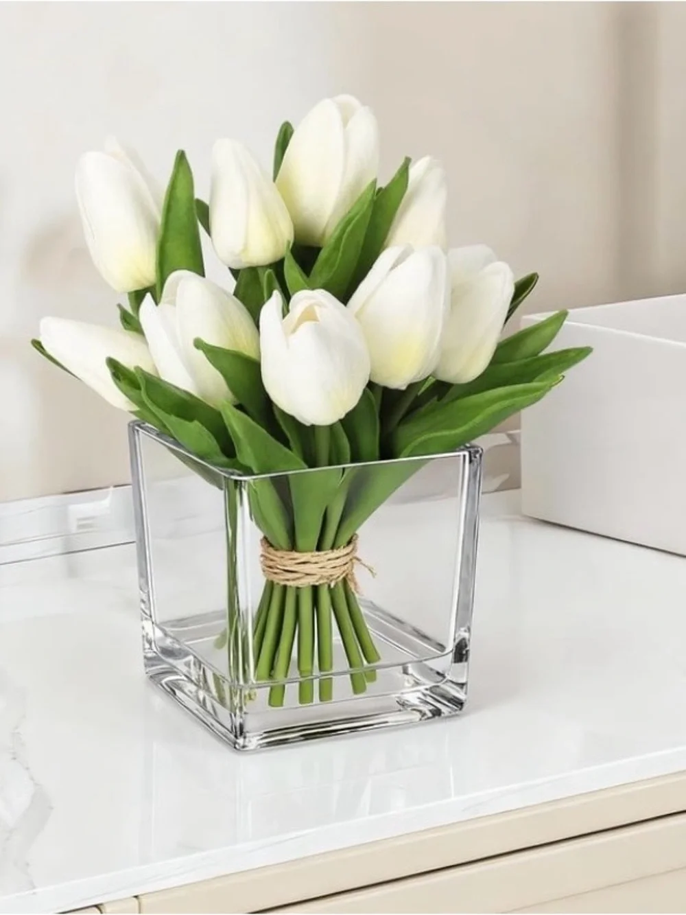 White Tulip Bouquet in Square Glass Vase - Home Accents